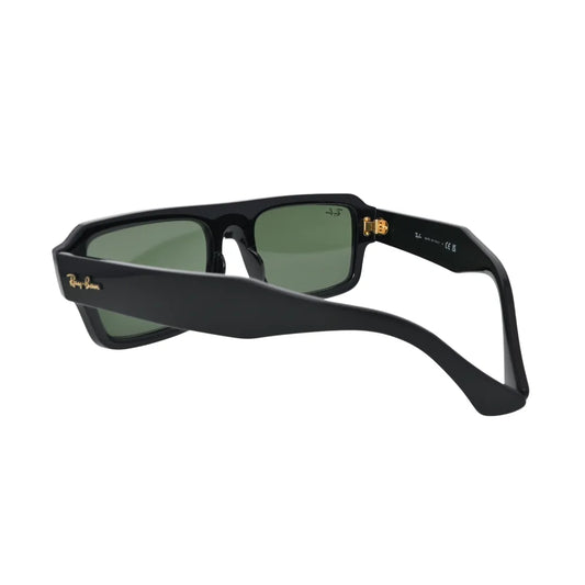 Ray-Ban RB4454 6677/31 black — rear three-quarter view showing full Hawkeye temple width, gold hinge hardware and solid green crystal lenses