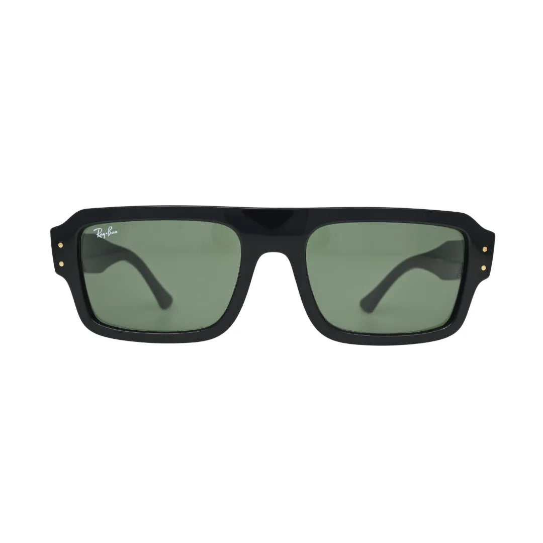 Ray-Ban Lukas RB4454 black acetate rectangle sunglass — front view showing flat-top brow line, gold dot rivets and solid green lenses with Ray-Ban script