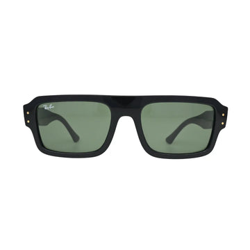 Ray-Ban Lukas RB4454 black acetate rectangle sunglass — front view showing flat-top brow line, gold dot rivets and solid green lenses with Ray-Ban script