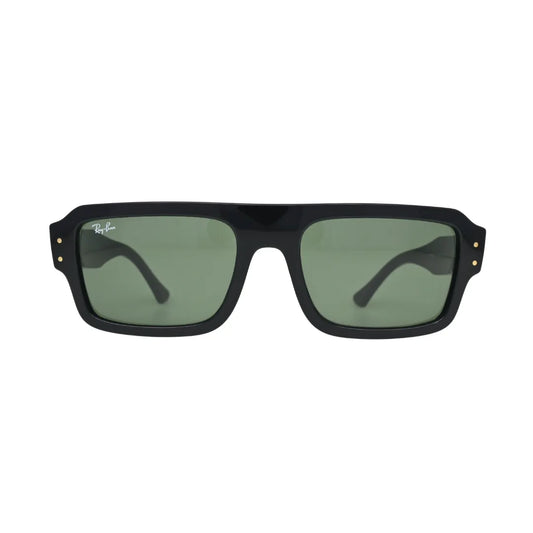Ray-Ban Lukas RB4454 black acetate rectangle sunglass — front view showing flat-top brow line, gold dot rivets and solid green lenses with Ray-Ban script