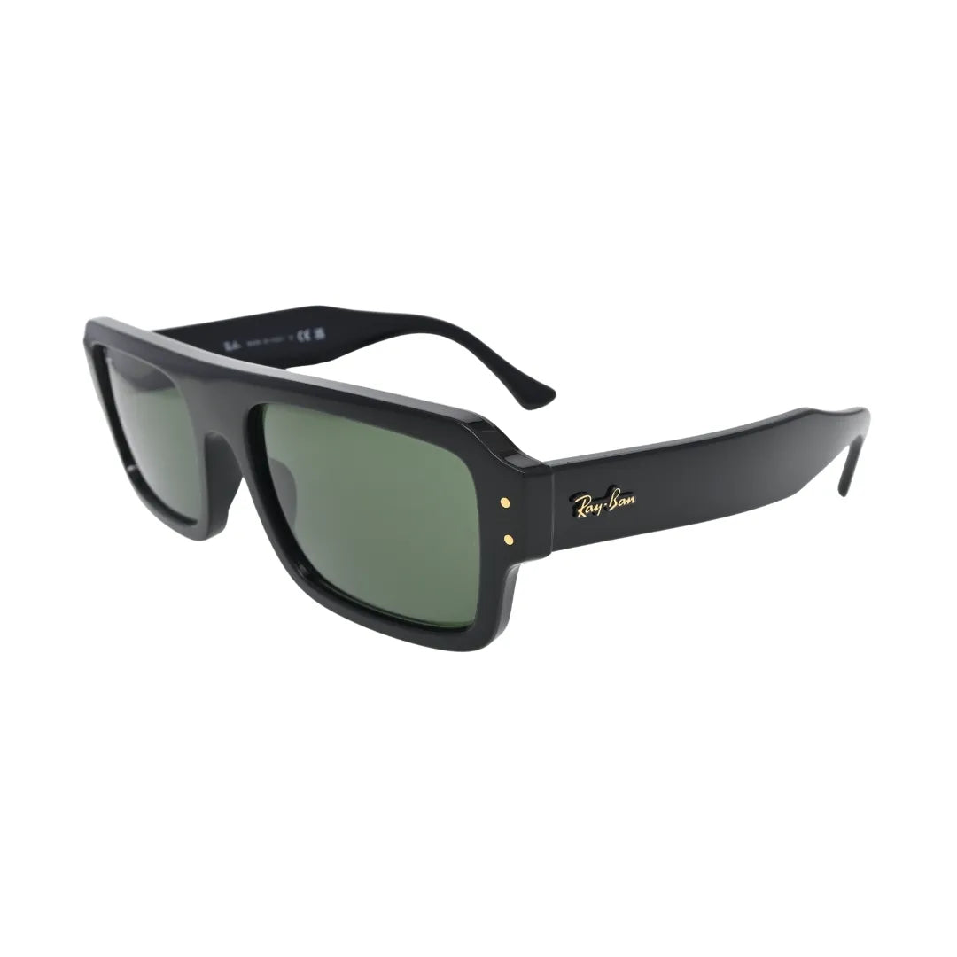 Ray-Ban Lukas black green rectangle sunglasses unisex — angled side view showing flat-top frame, gold rivets and wide Hawkeye temple with gold Ray-Ban logo