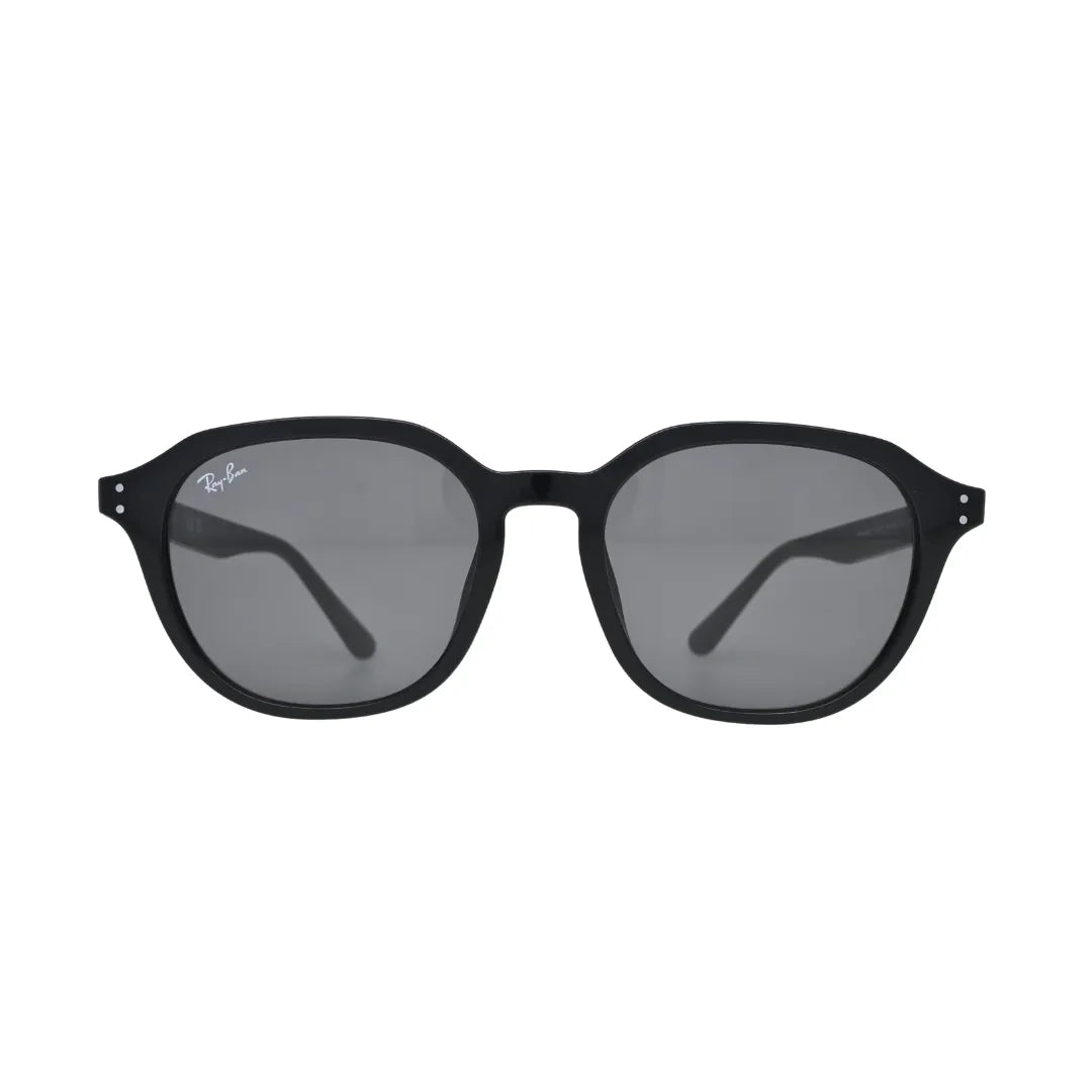 Ray-Ban black square sunglasses dark grey lenses — front view showing geometric cut corners and metal dot rivets on black frame