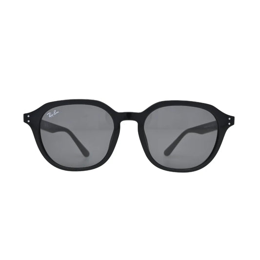 Ray-Ban black square sunglasses dark grey lenses — front view showing geometric cut corners and metal dot rivets on black frame