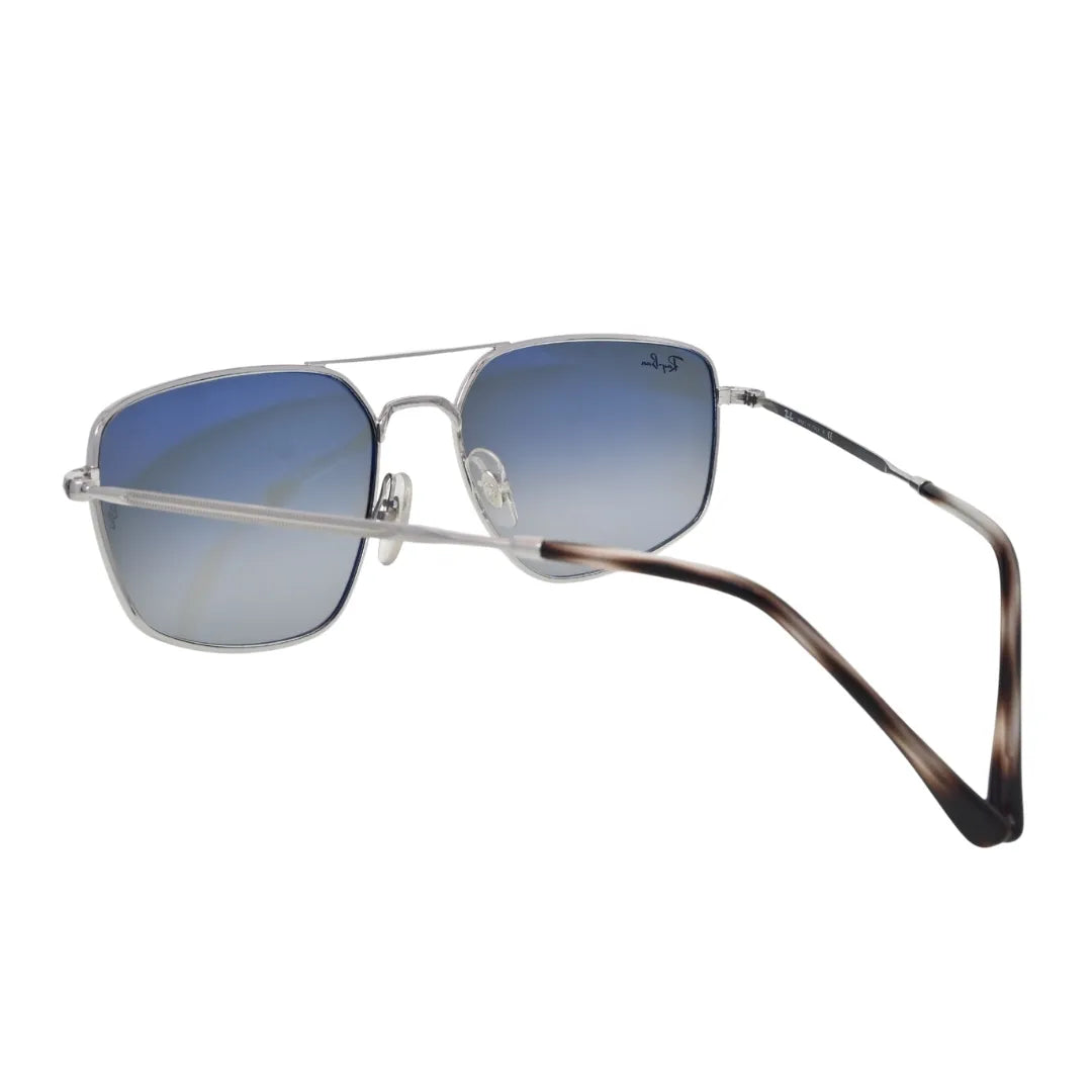 Ray-Ban RB3666 003/71 silver — rear view showing blue-tinted grey gradient crystal lenses and tortoiseshell acetate temple tips