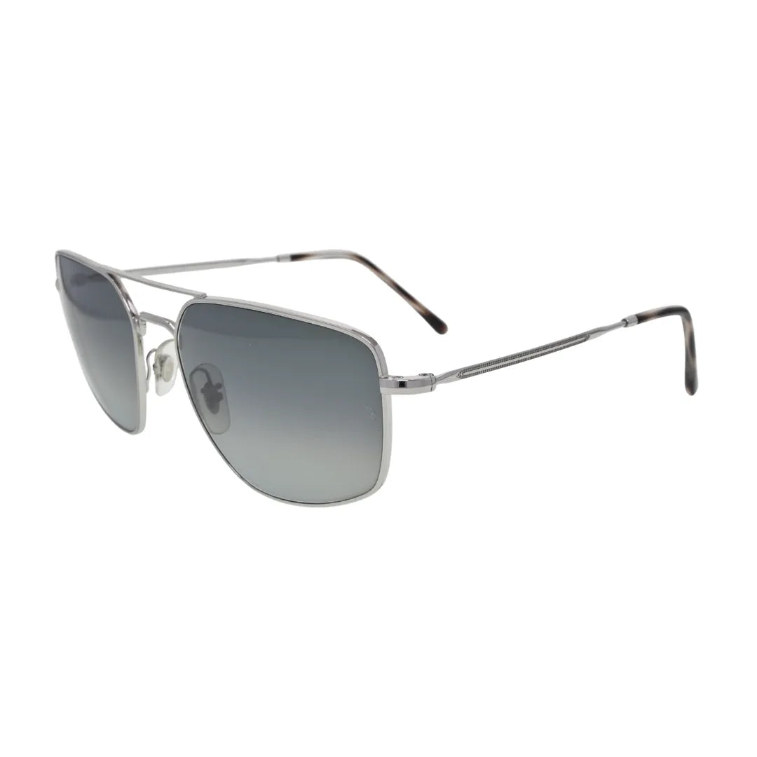 Ray-Ban RB3666 silver square sunglasses grey gradient — angled side view showing slim double-bridge and rope-textured metal temple arms