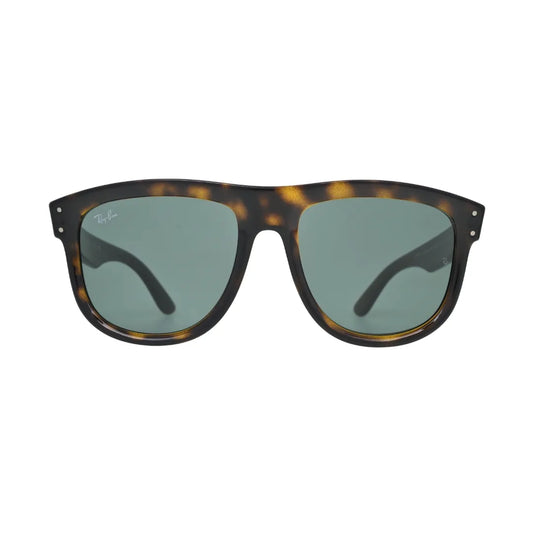 Ray-Ban Boyfriend Reverse dark havana tortoiseshell flat-top square sunglasses front view with dark green lenses and silver rivet details
