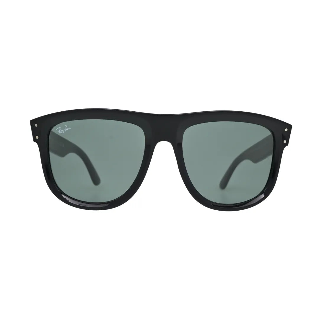 ay-Ban Boyfriend Reverse black flat-top square sunglasses front view — dark green lenses and silver rivet corner details