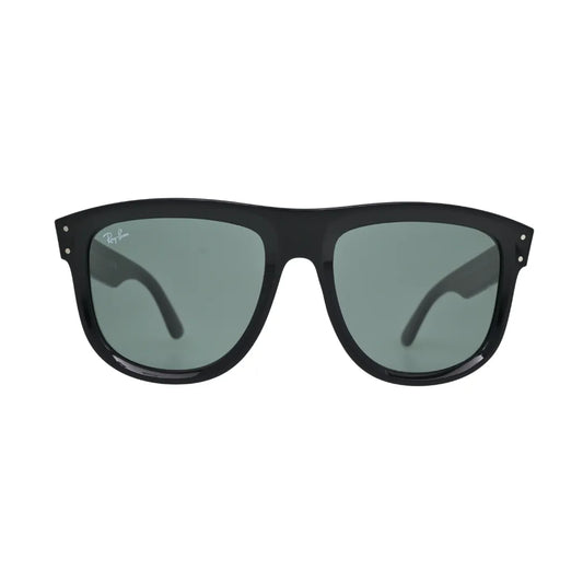 ay-Ban Boyfriend Reverse black flat-top square sunglasses front view — dark green lenses and silver rivet corner details