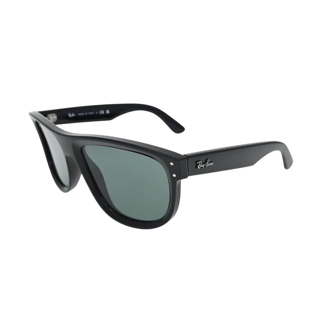 Ray-Ban Boyfriend Reverse RBR0501S 6677VR black flat-top square sunglasses — three-quarter view showing green lenses and silver hinge hardware