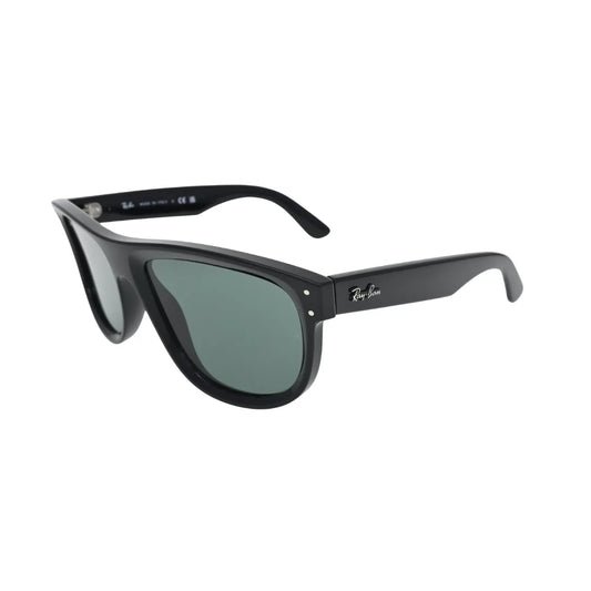 Ray-Ban Boyfriend Reverse RBR0501S 6677VR black flat-top square sunglasses — three-quarter view showing green lenses and silver hinge hardware