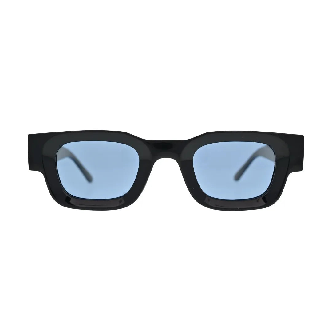 Front view of chunky black rectangle sunglasses with light sky blue lenses and clean integrated bridge showing thick block frame