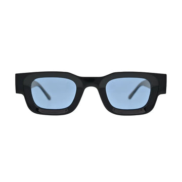 Front view of chunky black rectangle sunglasses with light sky blue lenses and clean integrated bridge showing thick block frame
