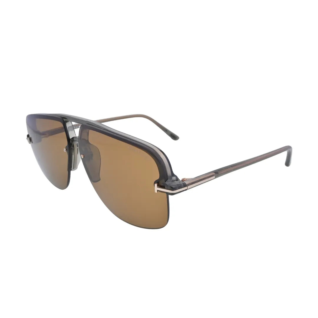 Side angle of Tom Ford Hugo-02 TF1003 93E shiny light green navigator sunglasses showing the signature T temples.