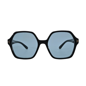 Front view of Tom Ford TF1032 01A shiny black geometric sunglasses with light blue lenses and gold-tone T logo temples