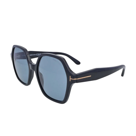 Three-quarter side view of Tom Ford TF1032 01A oversized geometric sunglasses showing gold-tone T hardware and MADE IN ITALY temple stamp