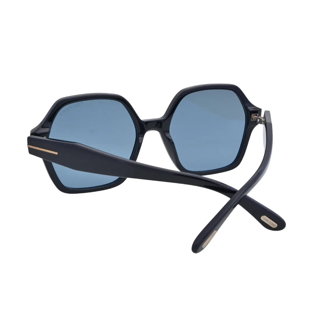 Rear angle of Tom Ford TF1032 01A shiny black acetate sunglasses with crossed temples and gold-tone Tom Ford logo plaque on inner tips