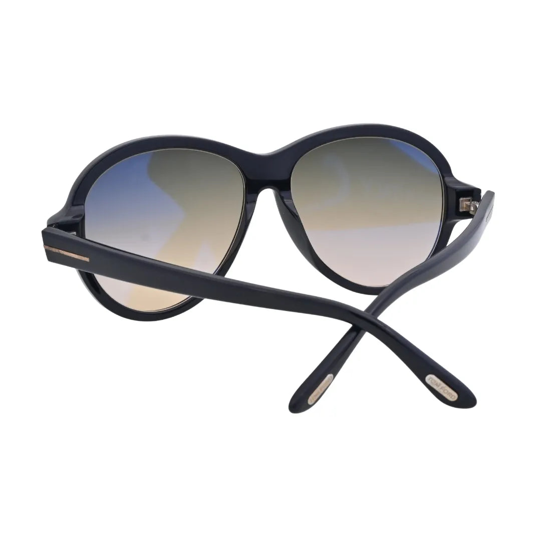 Tom Ford Camryn TF1033 01B rear view showing gold temple plaques, metal hinges, and grey gradient lenses
