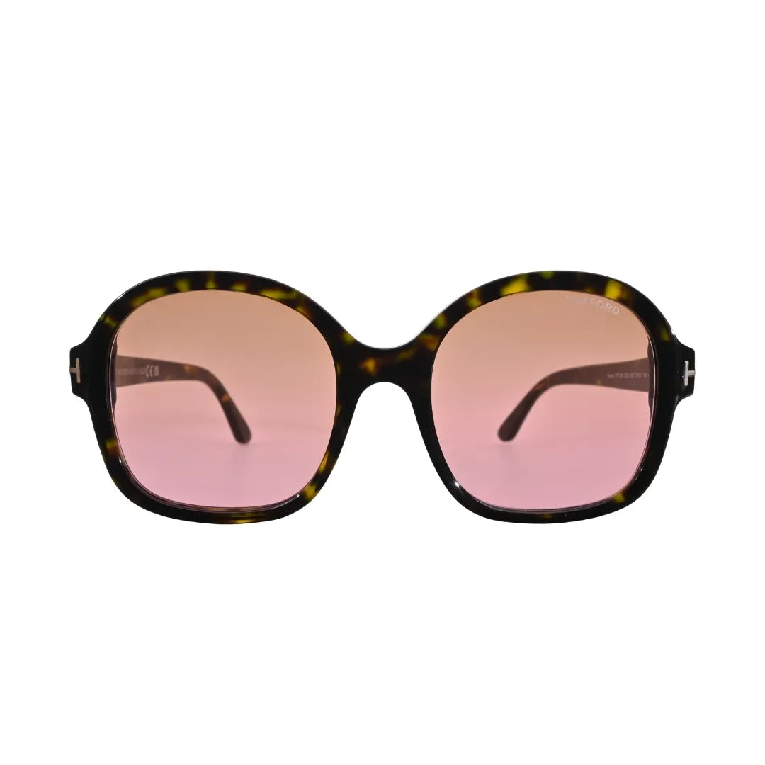 Tom Ford Hanley TF1034 52F front-facing view showing oversized dark havana square frame and full pink gradient lens tint