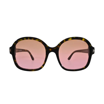 Tom Ford Hanley TF1034 52F front-facing view showing oversized dark havana square frame and full pink gradient lens tint