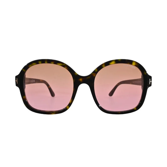 Tom Ford Hanley TF1034 52F front-facing view showing oversized dark havana square frame and full pink gradient lens tint