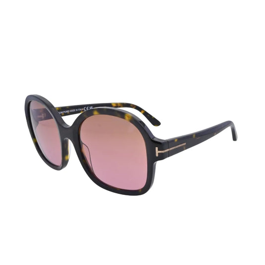 Tom Ford Hanley TF1034 52F dark havana square sunglasses — three-quarter front view showing gold T-bar temple hardware and pink gradient lenses