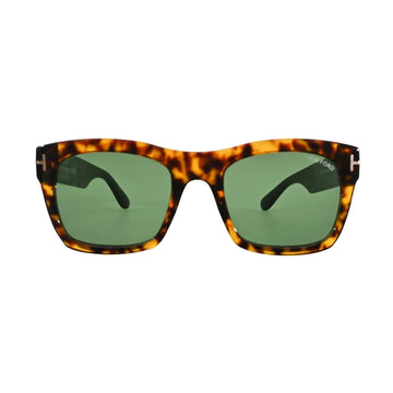 Front-facing view of Tom Ford Nico-02 TF1062 52N square sunglasses featuring a dark havana tortoise acetate frame, green lenses, and signature gold-tone T hardware