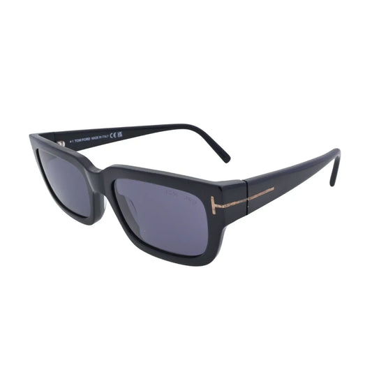 Three-quarter angle of Tom Ford Ezra TF1075 01A rectangle sunglasses showing polished black acetate, sculpted temples, and signature side branding.