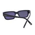 Side profile view of Tom Ford Ezra TF1075 01A rectangle sunglasses highlighting the slim temple line, glossy black finish, and metal T detail.