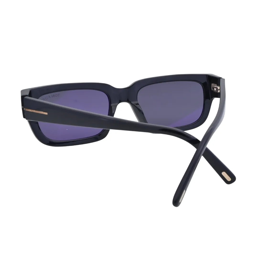 Side profile view of Tom Ford Ezra TF1075 01A rectangle sunglasses highlighting the slim temple line, glossy black finish, and metal T detail.