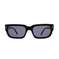 Side profile view of Tom Ford Ezra TF1075 01A rectangle sunglasses highlighting the slim temple line, glossy black finish, and metal T detail.