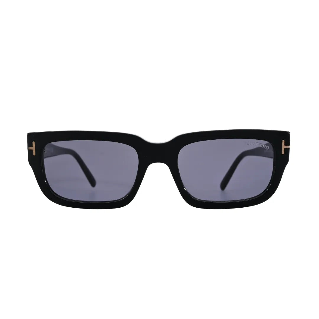 Side profile view of Tom Ford Ezra TF1075 01A rectangle sunglasses highlighting the slim temple line, glossy black finish, and metal T detail.