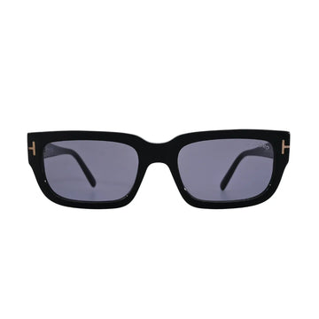 Side profile view of Tom Ford Ezra TF1075 01A rectangle sunglasses highlighting the slim temple line, glossy black finish, and metal T detail.