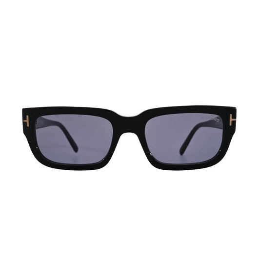 Side profile view of Tom Ford Ezra TF1075 01A rectangle sunglasses highlighting the slim temple line, glossy black finish, and metal T detail.