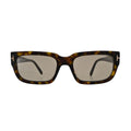 Front-facing view of Tom Ford Ezra TF1075 52L dark havana rectangle sunglasses with brown Roviex mirror lenses and gold-tone T hardware