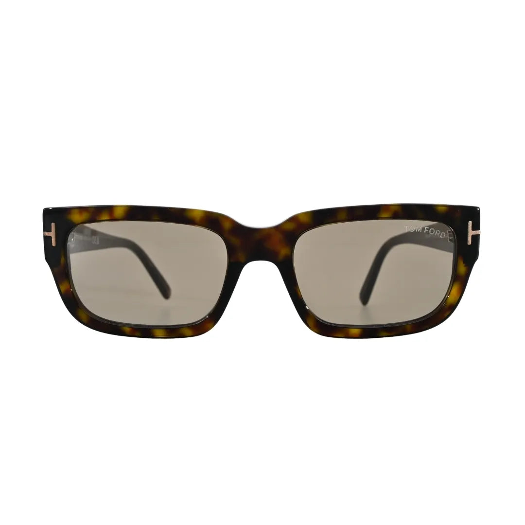 Front-facing view of Tom Ford Ezra TF1075 52L dark havana rectangle sunglasses with brown Roviex mirror lenses and gold-tone T hardware