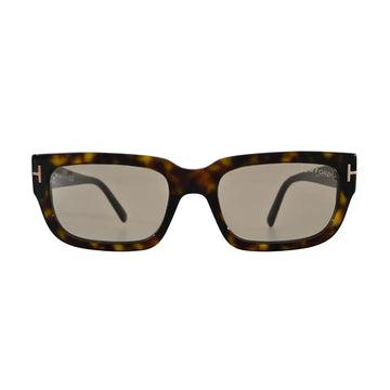 Front-facing view of Tom Ford Ezra TF1075 52L dark havana rectangle sunglasses with brown Roviex mirror lenses and gold-tone T hardware