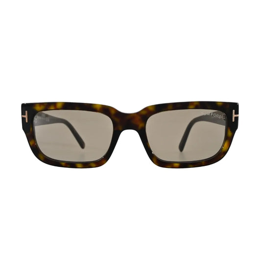Front-facing view of Tom Ford Ezra TF1075 52L dark havana rectangle sunglasses with brown Roviex mirror lenses and gold-tone T hardware