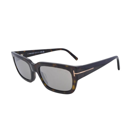 Side profile view of Tom Ford Ezra TF1075 52L dark havana rectangle sunglasses highlighting the glossy acetate temple line and metal T logo
