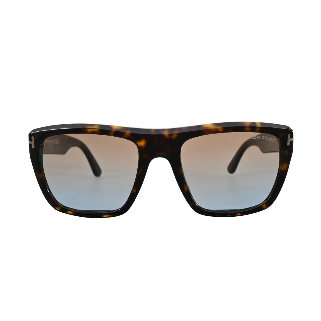 Front-facing view of Tom Ford Alberto TF1077 52F square sunglasses with dark havana acetate frame and blue-fade gradient lenses