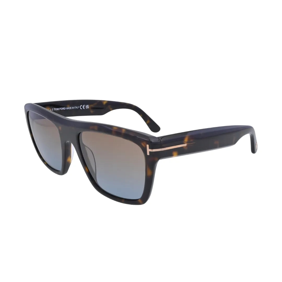 Side profile detail of Tom Ford Alberto TF1077 52F square sunglasses highlighting wide temples, layered havana tones, and signature metal accents