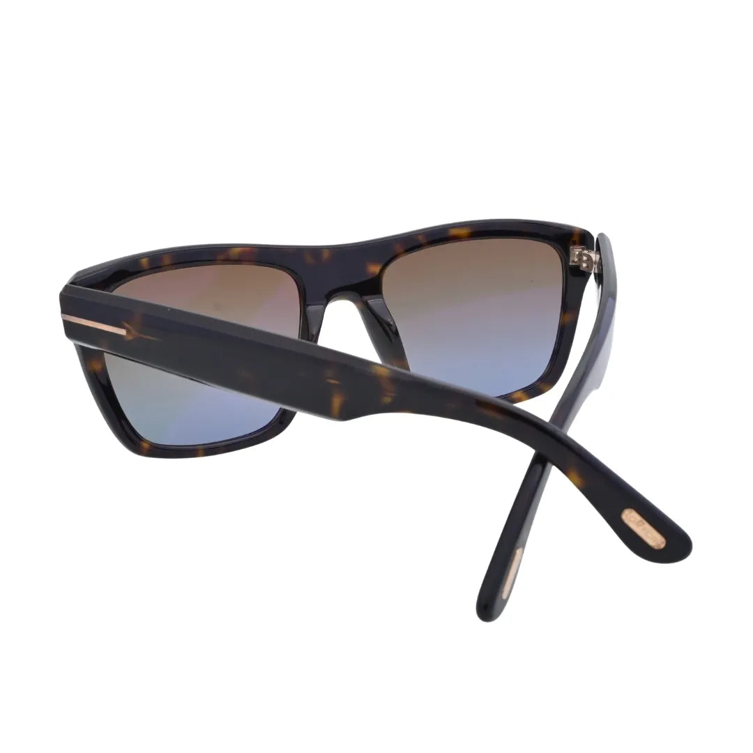 Three-quarter angle of Tom Ford Alberto TF1077 52F dark havana square sunglasses showing gold-tone T hardware and polished acetate construction