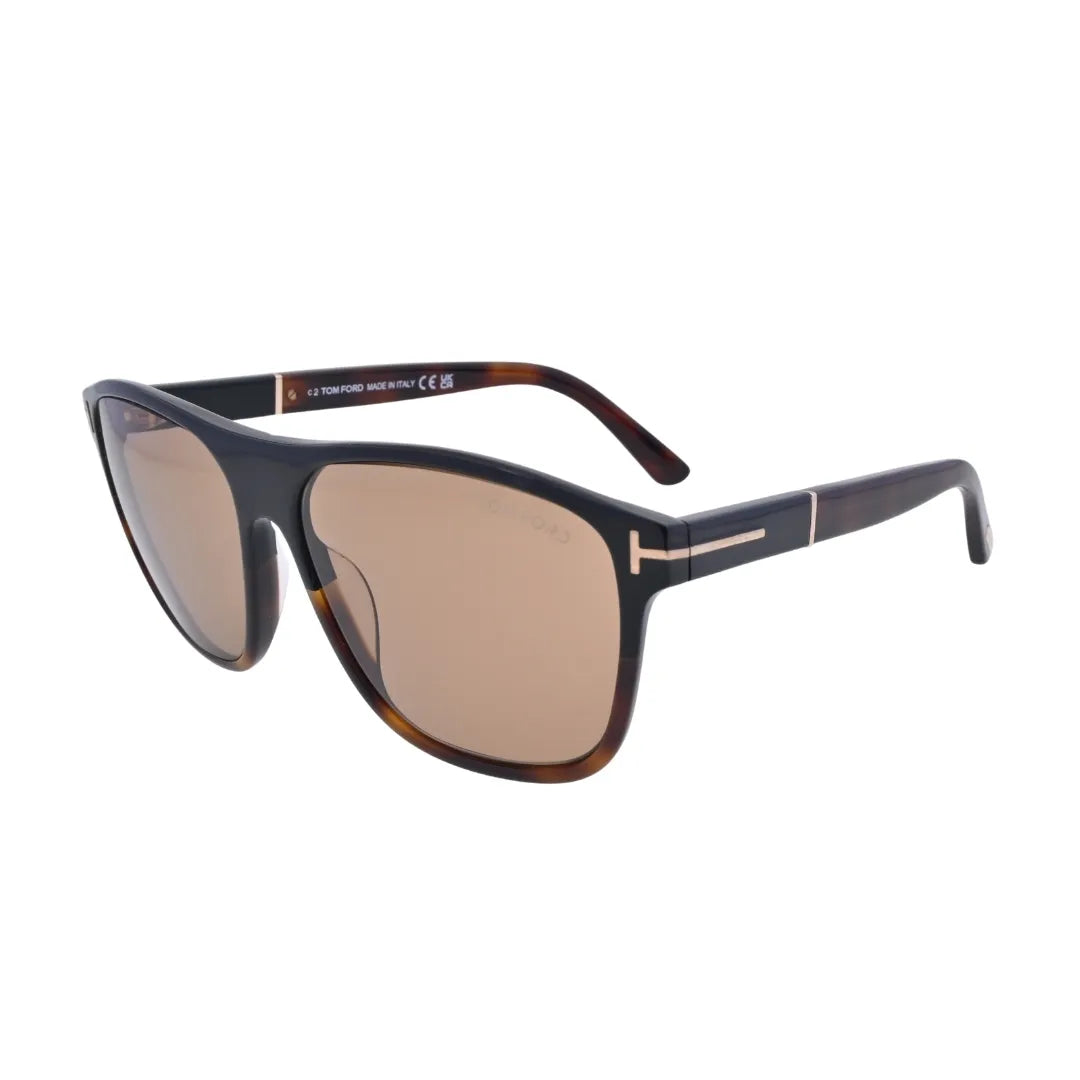 Three-quarter angle of Tom Ford Frances TF1081 05E square sunglasses showing glossy dark havana acetate, elongated temples, and signature side detailing