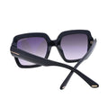 Three-quarter angle of Tom Ford Kaya TF1082 01B square sunglasses showing glossy black acetate, sculpted temples, and angular luxury detailing