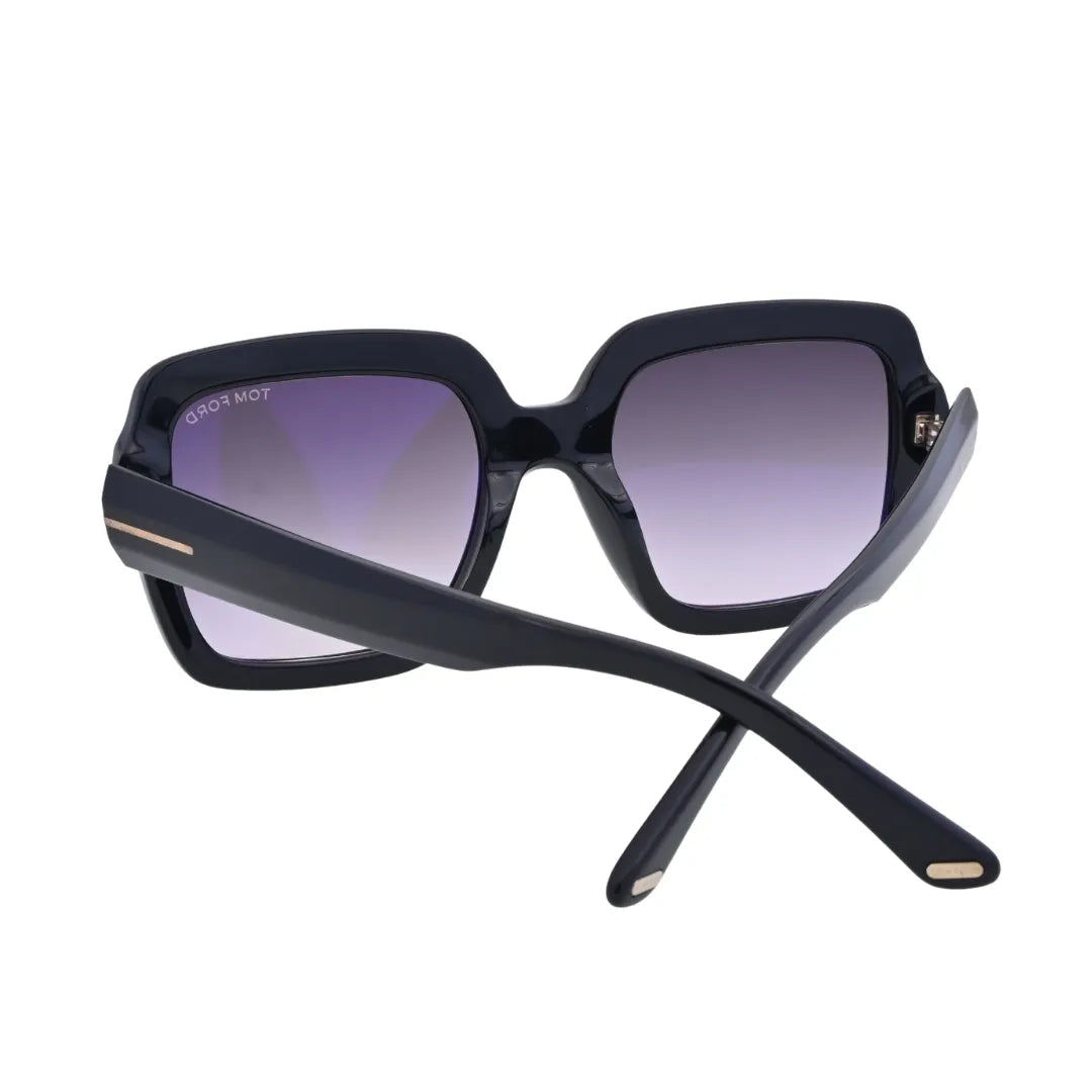 Three-quarter angle of Tom Ford Kaya TF1082 01B square sunglasses showing glossy black acetate, sculpted temples, and angular luxury detailing