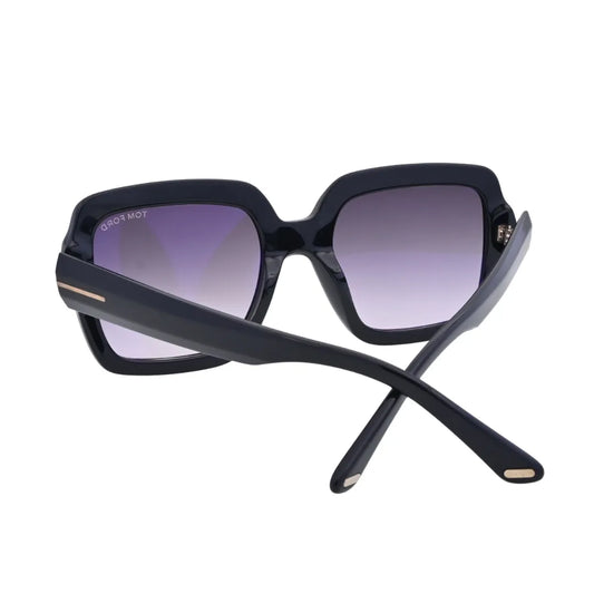 Three-quarter angle of Tom Ford Kaya TF1082 01B square sunglasses showing glossy black acetate, sculpted temples, and angular luxury detailing
