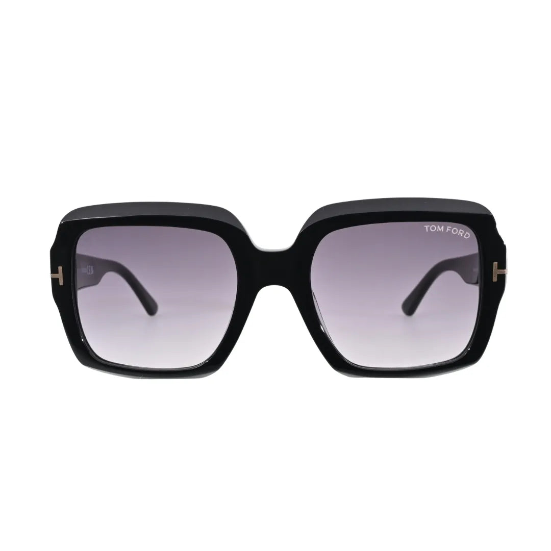 Tom Ford Kaya TF1082 01B sunglasses pair a shiny black square frame with soft smoke gradient lenses. Gold-tone T hardware and a sculpted acetate finish give the design a bold, graphic presence with a distinctly fashion-led edge.