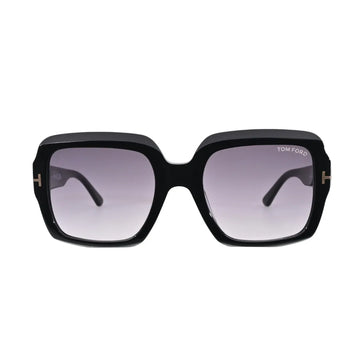 Tom Ford Kaya TF1082 01B sunglasses pair a shiny black square frame with soft smoke gradient lenses. Gold-tone T hardware and a sculpted acetate finish give the design a bold, graphic presence with a distinctly fashion-led edge.
