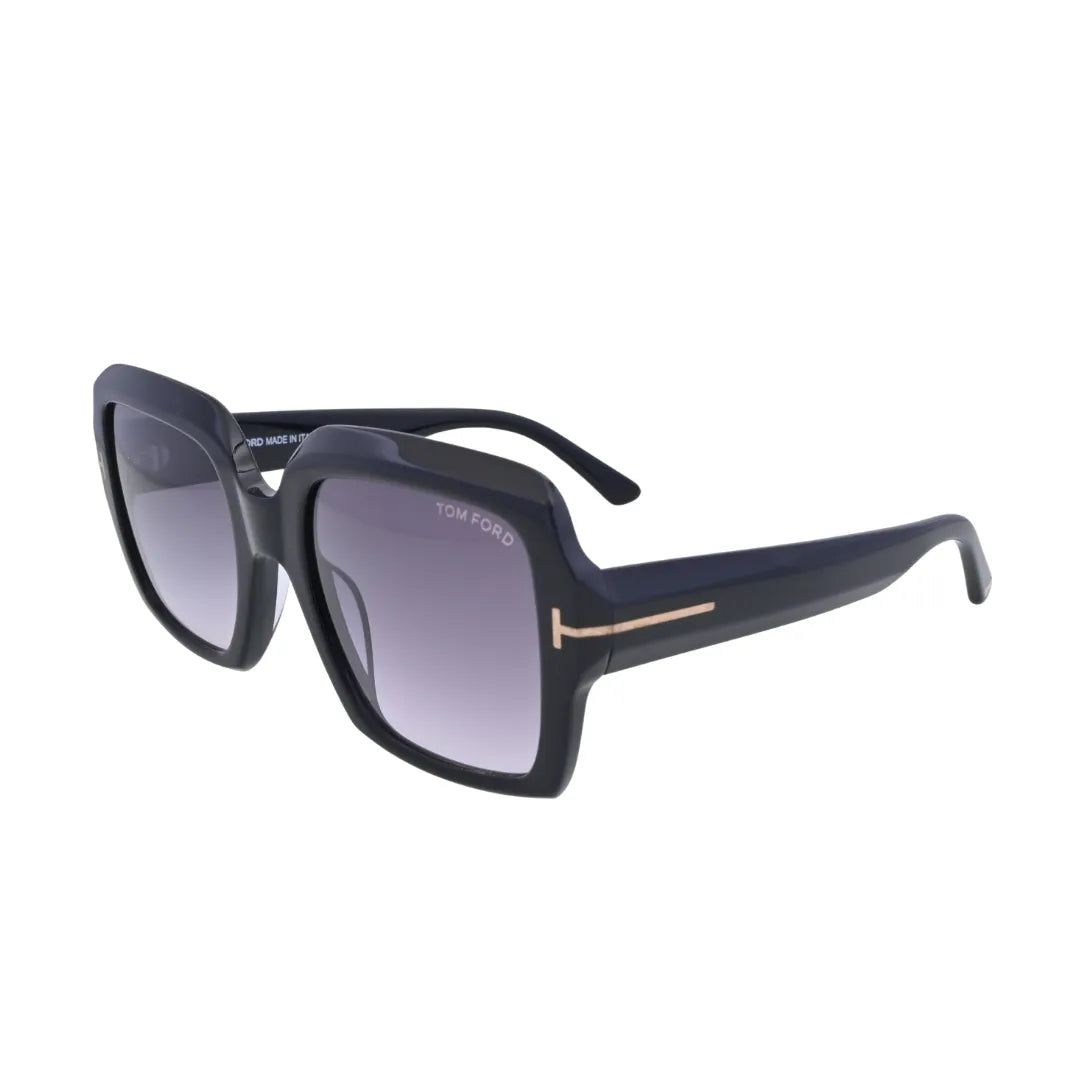 Side profile view of Tom Ford Kaya TF1082 01B shiny black square sunglasses highlighting the thick temple line and signature Tom Ford hardware
