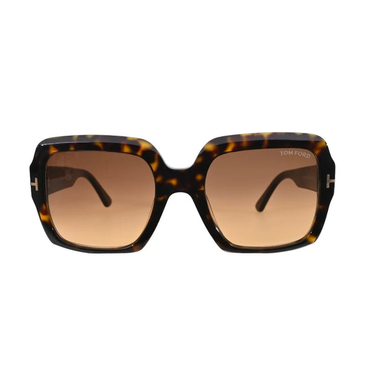 Front-facing view of Tom Ford Kaya TF1082 52F dark havana square sunglasses with brown gradient lenses and gold-tone T hardware
