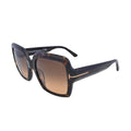 Three-quarter angle of Tom Ford Kaya TF1082 52F square sunglasses showing glossy dark havana acetate, sculpted temples, and angular luxury detailing